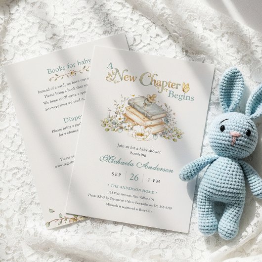 A New Chapter Begins Rustic Book Theme Baby Shower 招待状