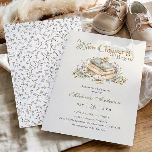 A New Chapter Begins Rustic Book Theme Baby Shower 招待状