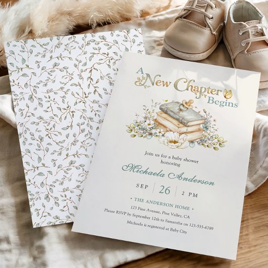 A New Chapter Begins Rustic Book Theme Baby Shower 招待状