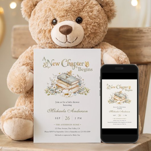 A New Chapter Begins Rustic Book Theme Baby Shower 招待状