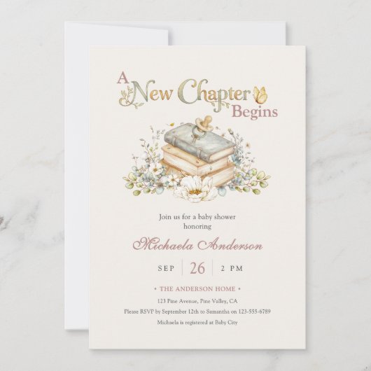 A New Chapter Begins Rustic Book Theme Baby Shower 招待状 (正面)