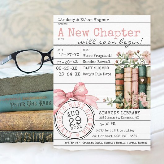 A New Chapter Library Card Books Pink Baby Shower 招待状