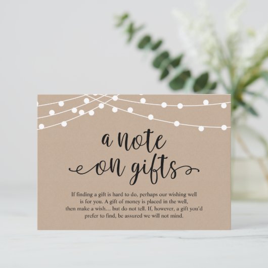 A Note On Gifts Rustic Wedding Kraft String Lights エンクロージャーカード (スタンド正面)