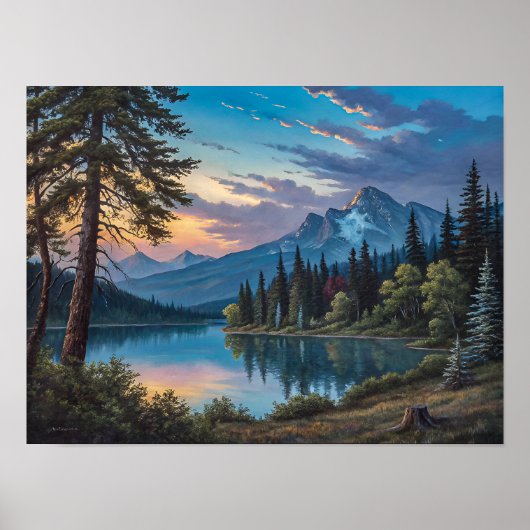 A painting of a mountain lake and trees in evening ポスター (正面)