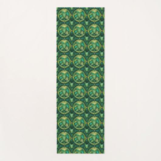 A pattern of intricate, green and gold circular  ヨガマット (正面)