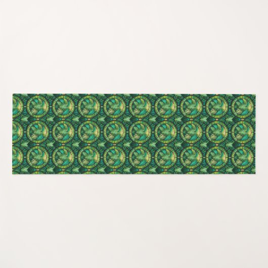 A pattern of intricate, green and gold circular ヨガマット (正面(横))