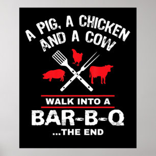 A Pig Chicken Cow Walk Into A Bar Funny BBQ ポスター