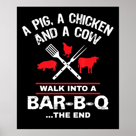 A Pig Chicken Cow Walk Into A Bar Funny BBQ ポスター (正面)