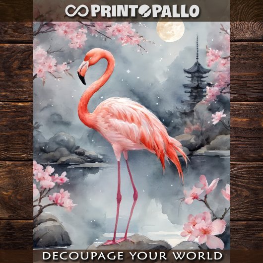 A pink flamingo in a japanese lake - Decoupage ラッピングペーパーシート