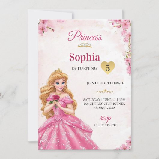 A pink princess-themed birthday invitation  招待状 (正面)