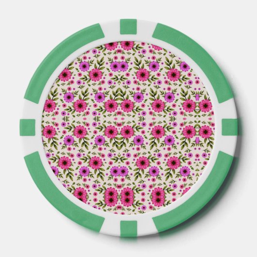 A poker chip with a floral pattern in pink  ポーカーチップ (正面)