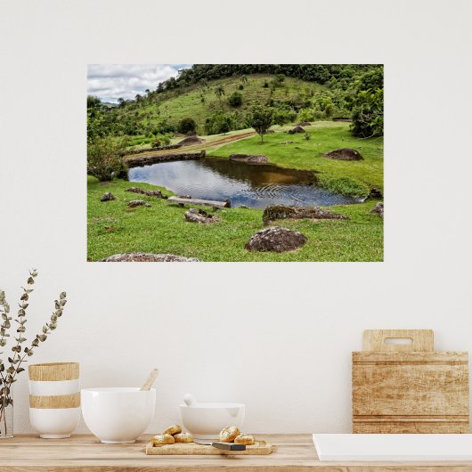 A Pond With Small Wooden Bench ポスター (キッチン)