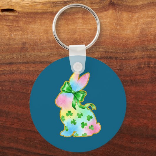A Rainbow Rabbit With Green Bow And Shamrock St Pa キーホルダー (正面)