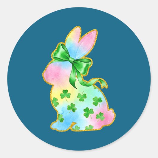A Rainbow Rabbit With Green Bow And Shamrock St Pa ラウンドシール (正面)