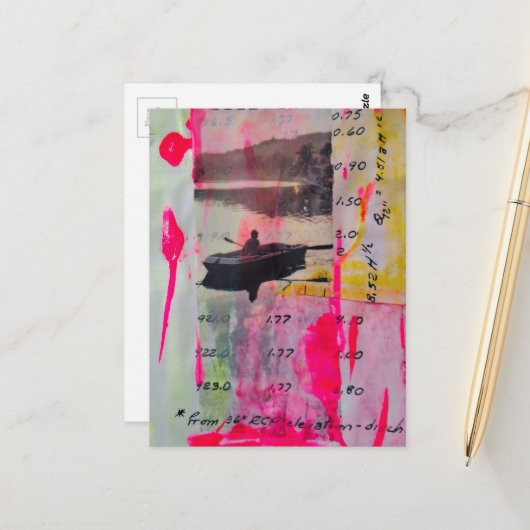 A Retro Boat Mixed Media Collage Pink Yellow ポストカード (正面/裏面インサイチュ)
