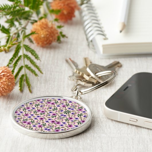 A round keychain features a detailed floral  キーホルダー (側面)