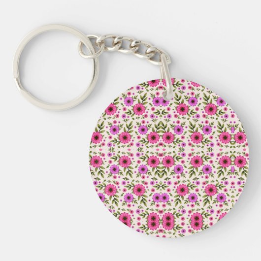 A round keychain with a vibrant pink and green  キーホルダー (正面)