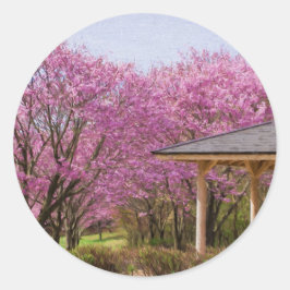 a row of cherry blossom trees and hut ラウンドシール