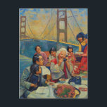 A Scenic Dinner at the Bridge ポストカード<br><div class="desc">A collage made and photographed by Angelandspot in the year 2026 with vintage images from a magazine of a family eating dinner and a bridge and then turned into an oil painting with an AI art generator</div>