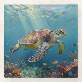 A Sea Turtle and Sun Rays in the Ocean Blue ガラスコースター