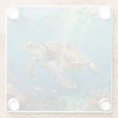 A Sea Turtle and Sun Rays in the Ocean Blue ガラスコースター (裏面)
