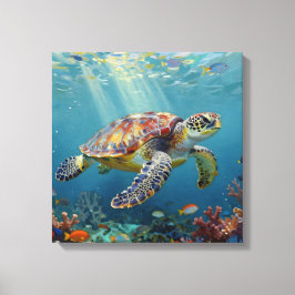 A Sea Turtle and Sun Rays in the Ocean Blue キャンバスプリント