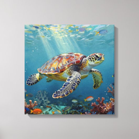 A Sea Turtle and Sun Rays in the Ocean Blue キャンバスプリント (正面)