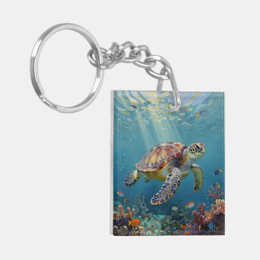 A Sea Turtle and Sun Rays in the Ocean Blue キーホルダー (正面左)