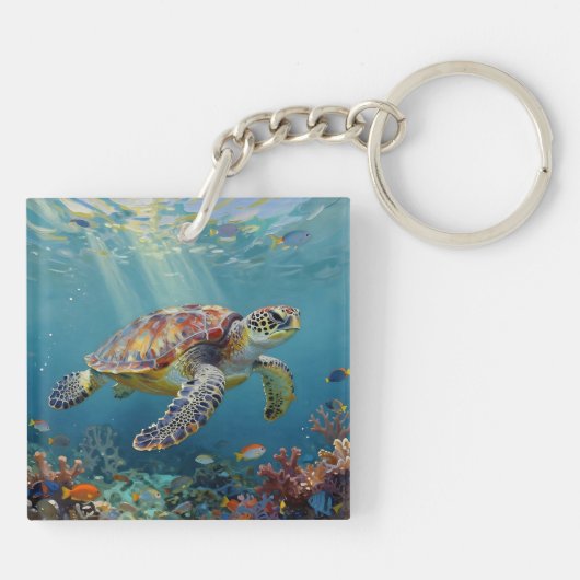 A Sea Turtle and Sun Rays in the Ocean Blue キーホルダー (裏面)