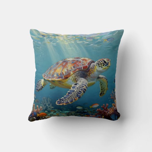 A Sea Turtle and Sun Rays in the Ocean Blue クッション (裏面)