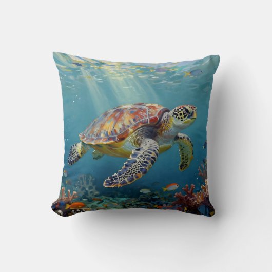 A Sea Turtle and Sun Rays in the Ocean Blue クッション (正面)