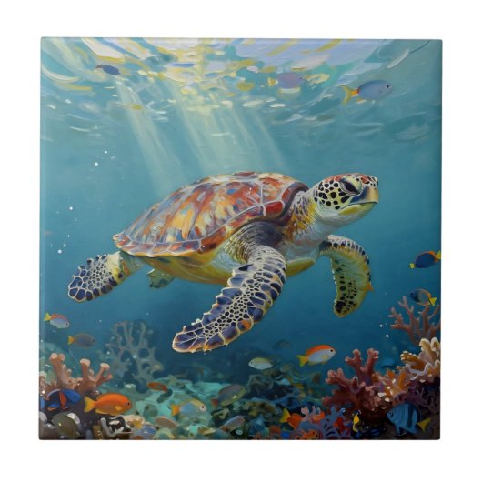 A Sea Turtle and Sun Rays in the Ocean Blue タイル (正面)
