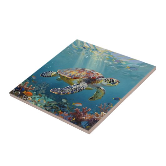 A Sea Turtle and Sun Rays in the Ocean Blue タイル (側面)