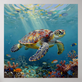 A Sea Turtle and Sun Rays in the Ocean Blue ポスター