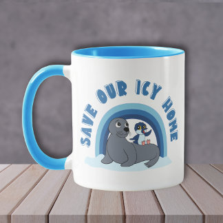 A seal and a penguin "Save Our Icy World" cartoon マグカップ