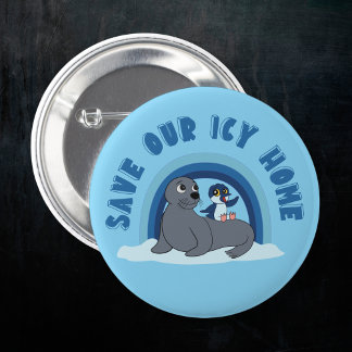 A seal and a penguin "Save Our Icy World"cartoon 缶バッジ