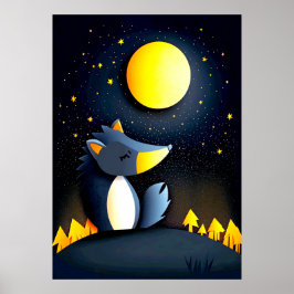 A serene wolf rests on a hill ポスター