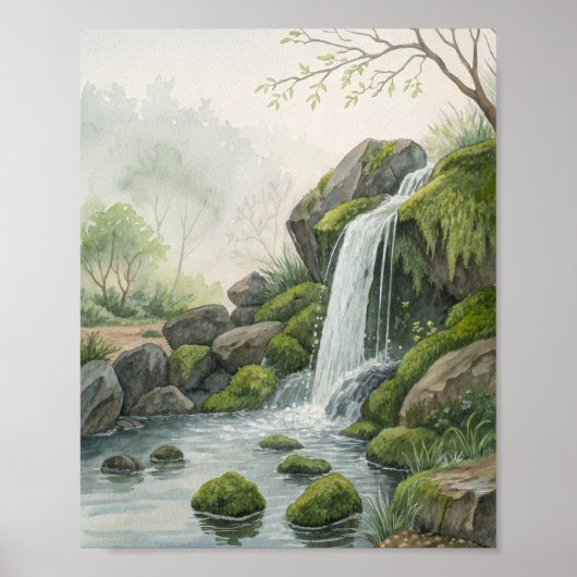 A Serene Woodland Waterfall Study in Watercolor Fe ポスター (正面)