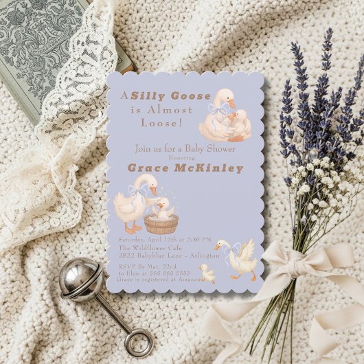 A Silly Goose is Almost Loose Blue Baby Shower 招待状