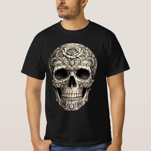 A skull adorned with silver and floral designs tシャツ (正面)