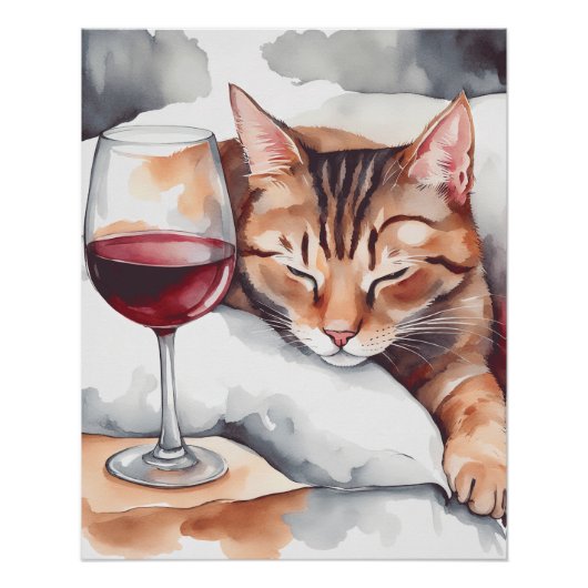 A Sleeping Cat And Red Wine Glass, Cat Lover ポスター (正面)