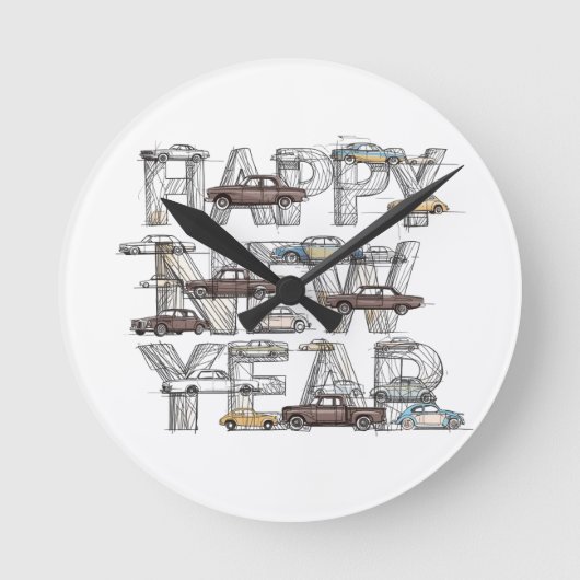a smart happy new year design for cars lovers  ラウンド壁時計 (正面)