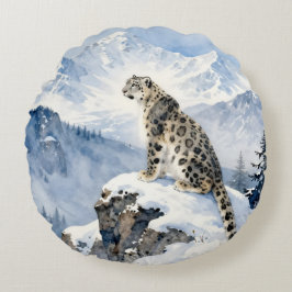 A Snow Leopard on Snowy Peak ラウンドクッション