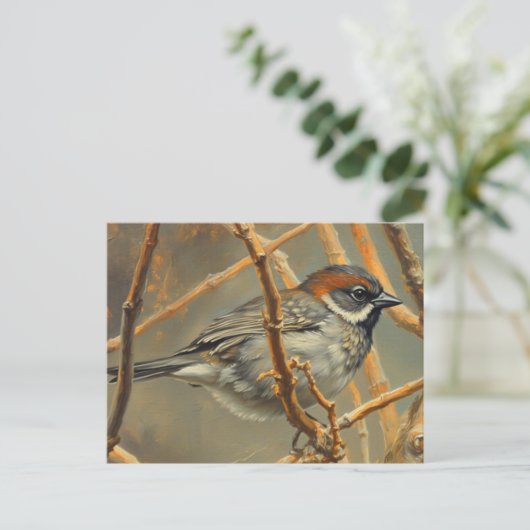 A sparrow, resting, sits on a bush branch ポストカード (スタンド正面)