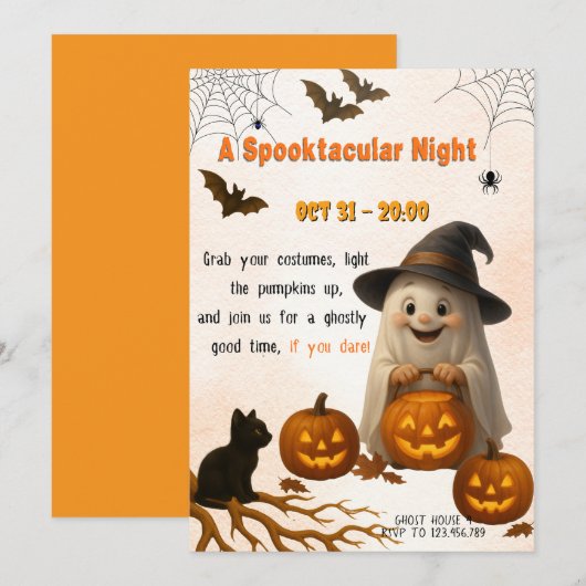 A Spooktacular Night | Ghost & Pumpkin Halloween 招待状 (正面/裏面)