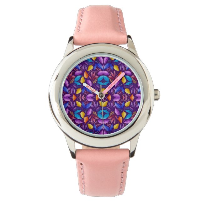 A stylish watch with a vibrant purple and floral 腕時計 (正面)