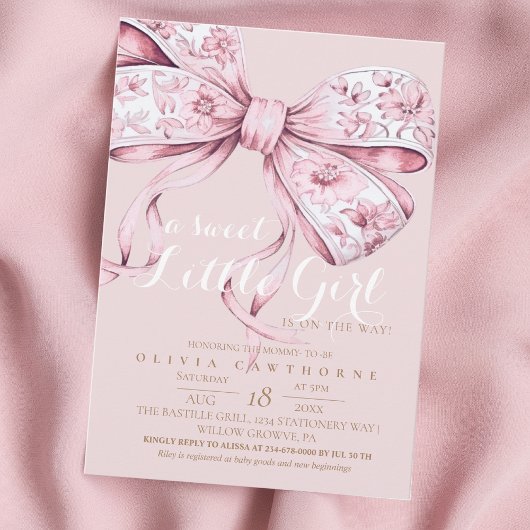 A Sweet Girl Pink Bow Baby Shower Invitation 招待状