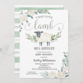 A Sweet Little Lamb Has Arrived Floral Baby Shower 招待状 (正面/裏面)