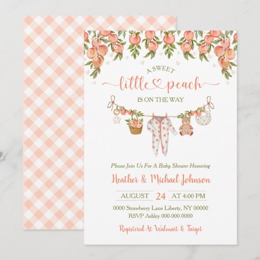 A Sweet Little Peach Clothesline Baby Shower 招待状 (正面/裏面)