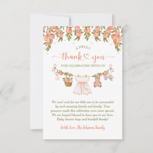 A Sweet Little Peach Clothesline Girl Baby Shower サンキューカード (正面)